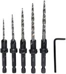 Meichoon Countersink Drill Bit Set 5 Pcs Hex Shank 3in1 Wood Pilot Bits Drilling 7/64 9/64 11/64 3/16 7/32 Screws Holes with Adjustable Depth Stop Quick Release 1 Allen Wrench