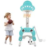 Basketball Hoop Stand Set for Kids 5 in 1 Sports Activity Center Adjustable Height from 45'' to 60'' Easy Score Basketball Football Golf Ring Toss Game Indoor Outdoor for Toddlers Boys Girls (Green)