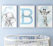 Safari Animals Boys Nursery Bedroom Prints Set of 3, Personalised Name Unframed Watercolour Splash Wall Art Decor Gift Present in Grey Blue Yellow Green (A4)