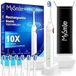 MySmile Electric Toothbrush for Adults, Rechargeable Sonic Electronic Toothbrush with 6 Brush Heads and Travel Case, 2 Mins 5 Modes Smart Timer, 48000VPM (White)