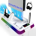 PS5 Cooling Station, PS5/Slim/Pro Stand with Dual Charging Station for PlayStation 5, PS5 Accessories Kits, Vertical Stand with 3 Levels Cooling Fan, Headset Holder for PlayStation5 Digital/Disc