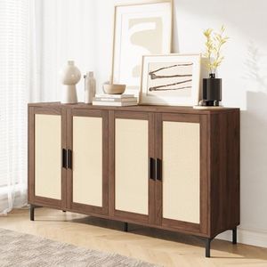 JASIWAY Buffet Cabinet with Storage, 48" Rattan Sideboard with Adjustable Shelves, Modern Coffee Bar Cabinet Console Table with Doors, Credenza for Kitchen, Living Room, Entryway, Dining Room, Walnut