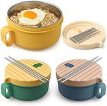 3 Pack Microwave Ramen Bowl Set, 40 oz Ramen Cooker with Handles Noodle Bowls with Lid and Chopsticks for Office College Dorm Room Cooking Dishwasher Safe (Green, Blue, Yellow)