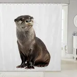 Kids Otter Shower Curtain Cute Zoo Animal Bathroom Shower Curtain Set for Girls Boys Lovely 3D Wildlife Bath Curtain White Brown Waterproof Curtain Stalls Bathtubs Decor 72"x72"