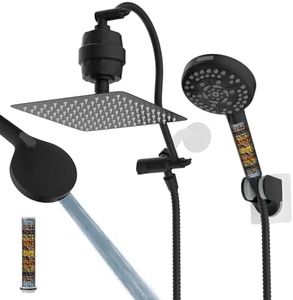 Hibbent All Metal 10'' Dual Filtered Rainfall Shower Head Combo, High Pressure Handheld Shower Head with 12'' Adjustable Curved Extension Arm, 20 Stage Shower Filter, 10-spray, 71'' Hose, Matte Black