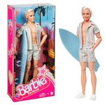 Barbie The Movie Ken Doll Wearing Pastel Pink and Green Striped Beach Matching Set with Surfboard and White Sneakers, HPJ97