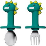 SFCCMM Toddler Utensils Stainless Steel Forks and Spoons Safe Children's Cutlery Set Handle Cartoon Cute for Baby (Green Dinosaur - Short)