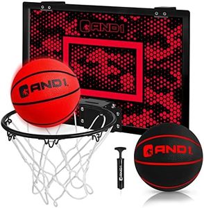 AND1 Mini Basketball Hoop: 18”x12” Pre-Assembled Portable Over The Door with Flex Rim, Includes Two Deflated 5” Mini Basketball with Pump, for Indoor, Red/Black
