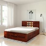 Amazon Brand - Solimo Sonder Queen Size Solid Sheesham Wood Bed with Box Storage (Honey Finish)
