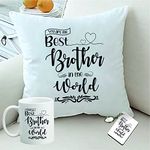 PICRAZEE “Best Brother in The World” Gift for Brother on Birthday | Raksha Bandhan (1 pc12”x12” Satin Cushion with Filler, Coffee Mug&Key Ring) (Best Brother in The World)