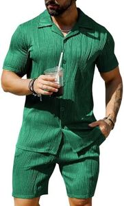 URRU Men's 2 Piece Outfits Short Sleeve Casual Button Down Shirt and Shorts Set, Green, Medium