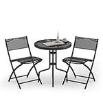 Giantex 3 Pcs Bistro Set Garden Backyard Round Table Folding Chairs, with Rust-Proof Steel Frames & Reinforced Glass Design Outdoor Patio Furniture, Black