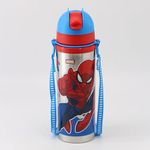 SKi Homeware Sara Steel Water Bottle with Pop-up Starw and a sling strap, 650ML- Spiderman