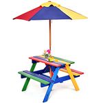 GYMAX Kids Picnic Table, Wooden Children Garden Table and Bench Set with Removable Umbrella, Outdoor Toddler Furniture Set for Boys Girls