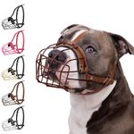 BRONZEDOG Pitbull Dog Muzzle Metal Mask Amstaff Wire Basket Pit Bull Adjustable Leather Straps for Large Dogs (Brown)