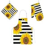 MyDaily Cooking Apron, Oven Glove and Potholder Set, Sunflowers Black Stripe Adjustable Apron with Pockets, Oven Mitt and Pot Holder Kitchen Gift Set