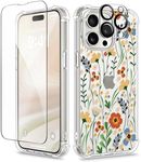 GVIEWIN for iPhone 15 Pro Case Floral, with Screen Protector+Camera Lens Protector, [Not Yellowing] Slim Shockproof Clear Protective Phone Cover for Women, Flower Pattern Design (Blooming Flowerets)