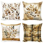 Ambesonne Fall Colors Throw Pillow Cushion Cover Set of 4, Watercolor Autumn Leaves in Rustic Design Grunge on Tartan Plaid, Decorative Accent Double-Sided Printing, 20", Amber and Dark Green