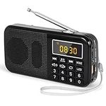 PRUNUS J-725 Rechargeable Radio Portable, FM Radio Alarm Clock, Small Radio with 3000mAh Rechargeable Battery. Battery Operated Radio Digital support SD USB MP3 AUX Player and Emergency Flashlight.