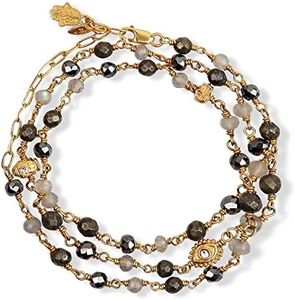 KARMA AND LUCK - Energetic Spirit - Women's Genuine Hematite Pyrite Labradorite Gemstones 18K Gold Plated Brass Evil Eye Triple Protection Wrap Bracelet with Cubic Zirconia Crystals.