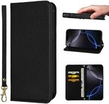 NanHou iPhone 16 Pro Case Leather Case RFID Blocking Folio Wallet Case Magnetic Closure Kickstand Wrist Strap Card Holder Shockproof Flip Cover - Black