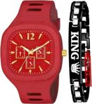 Acnos Polyurethane Premium Brand - Square Red Dial Analog Silicon Strap Addi Stylish Designer Analog Watch For Boy With Bracelete Pack Of 2, Red Band