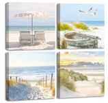 CHDITB 4pcs（40*40CM）Seaside Canvas Wall Art for Living Room,Ocean Canvas Picture,Beach Landscape Art Painting for Wall Decor,Blue Seascape Theme Art Print for Bathroom Home Office Kitchen Decoration