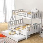 KOMFOTT Wood Twin Over Full Bunk Bed with Trundle, Pull-Out Bunk Bed with Solid Wood Frame, Ladder & Safety Guardrails, Convertible to 2 Separated Beds, No Box Spring Needed (White)