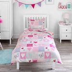 Bloomsbury Mill - Kids Single Duvet Cover Set - Childrens Single Bedding for Girls - Hearts and Butterflies Patchwork Single Bed Duvet Cover Set with Pillow Case - Pink - 135x200cm