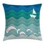 Ambesonne Nautical Decor Throw Pillow Cushion Cover, Nautical Theme with Paper Boat Sea Happy Dolphins Underwater Sea Animals, Decorative Square Accent Pillow Case, 18 X 18 Inches, Multicolor