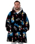 SONIC THE HEDGEHOG Mens Wearable Blanket | Adults Black All Over Print Fleece Hoodie | Cosy 90s Nostalgic Gaming Cartoon Snuggle Hooded Pullover | Game Loungewear Gift for Him