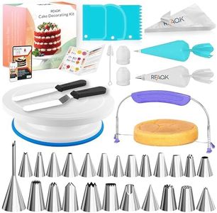 RFAQK 64 PCs Cake Decorating Kit for Beginners Includes Video Course, Booklet + Baking Supplies Gift - Cake Stand, Leveler, 24 Numbered Piping Tips, Straight & Offset Spatula, & Scraper sets