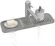 Kitchen Sink Splash Guard 17.7 * 5.5 Inch, Toovem Faucet Handle Drip Catcher Tray, Longer Silicone Sink Faucet Mat, Dish Soap Sponge Holder for Kitchen, Bathroom, Farmhouse, Bar & Rv, Grey