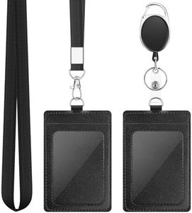 2 Pack Badge Holders, Vertical PU Leather ID Badge Card Holder with 1 Clear ID Window, with Detachable Neck Lanyard Strap and Retractable Badge Reel ID Card Holders Set