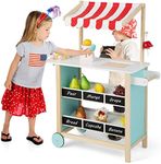 Costzon Kids Pretend Play Grocery Store, Wooden Ice Cream Cart Toy Set for Kids with Ice Cream Making Counter, Scale, Bell, Display Shelves, Black Board, Canopy, Solid Wooden Wheels, Gift for Toddlers