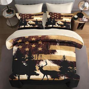 WeCozy 7 Pcs Queen Size Comforter Set with 2 Pillowcases & 2 Shams, Animal Hunting Deer Cow Print Bedding Set for Kids and Adults, Retro American Flag Bed in a Bag with Flat Sheet and Fitted Sheet