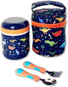 Thermal Food Jar, Insulated Lunch Bag and Stainless Steel Utensil Set. Container for Boys, Kids Hot Lunches, Soup. Wide Mouth, Leakproof Easy Grip, Thermal Vacuum Seal 10 oz 300 ML, Blue Dinosaur SET