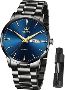 Mens Watches Blue Face,Black Stainless Steel Watches for Men,Day Date Watch for Men,Business Casual Quartz Men's Watch Waterproof Dress Wrist Watch with Day,Luxury Wrist Watches Blue Clock,Man Watch