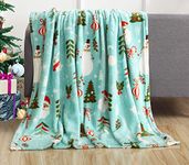 Elegant Comfort Luxury Velvet Super Soft Christmas Prints Fleece Blanket-Holiday Theme Home Décor Fuzzy Warm and Cozy Throws for Winter Bedding, Couch and Gift, 50" x 60", Santa Snowman Teal