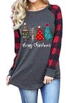 BOFETA Womens Christmas Pattern Raglan Blouses Leopard Plaid Baseball Shirts Red L