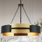 Avzkcy Black Gold Chandelier 5-Light Farmhouse Drum Ceiling Light 26" Height Adjustable Pendant Lighting Fixtures for Dining Room Kitchen Island Living Room Bedroom Office