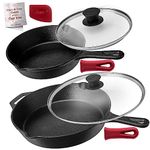 Cuisinel Cast Iron Skillet Set - 2-Pans (8" + 12"-Inch) + Glass Lids - Pre-Seasoned Oven Safe Cookware - 2 Heat-Resistant Holders - Indoor/Outdoor Use - Grill, BBQ, Firepit, Stovetop, Induction Safe