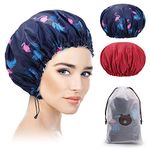 2 Packs Shower Cap, Extra Large & Adjustable & Double-Layer Waterproof Hair Cap for Women, Waterproof Exterior & EVA Lining, Oversized Design for All Hair Lengths, Adjustable Hem