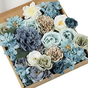 Falflor Dusty Blue Artificial Flower Box Set for DIY Wedding Bouquet Fake Rose Peony Flowers Combo for Wedding Cake Table Centerpieces Flower Garland Wreaths Florals Welcome Home Decor