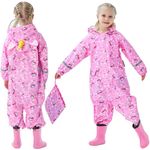 FILOWA Kids Puddle Suit Girls Waterproof Suit All in One Rainsuit Children Hooded Raincoat Lightweight Breathable Rainwear and Easy to Dry Muddy Suit for Childs 5-7 Years,Pink