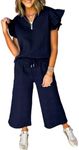 SHEWIN Lounge Sets for Women V Neck Short Sleeve 1/2 Zip Collared Polo Shirts Drawstring Wide Leg Pants Fall Business Casual Outfits for Women,Navy Blue,XL