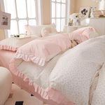 Pink Floral Duvet Cover Twin Chic Flower Print Ruffle Duvet Cover Cotton Lace Comforter Cover Country Style Floral Bedding Set Romantic Ruffle Comforter Cover Flower Duvet Cover with 2 Pillowcases