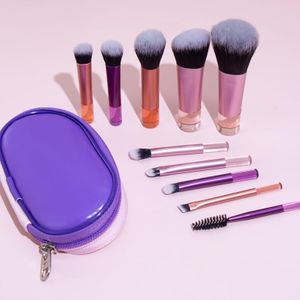 Portable ON THE GO Makeup Brush Set, COSHINE 10pcs Easy-taken Mini Full Complete Function Cosmetic Brushes Kit with Brush Pouch (colorful)