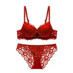 Vividvibe Women's Gorgeous Honeymoon Heavily Padded Lace Wired Push up Bra Panty Bridal Set (RED, 32)