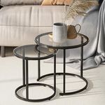 HEYZOEY Round Nesting Coffee Tables, Removable Set of 2 End Table, Glass Top Nesting Tables with Metal Frame for Living Room, Bedroom, Office, Balcony, Apartment, Black